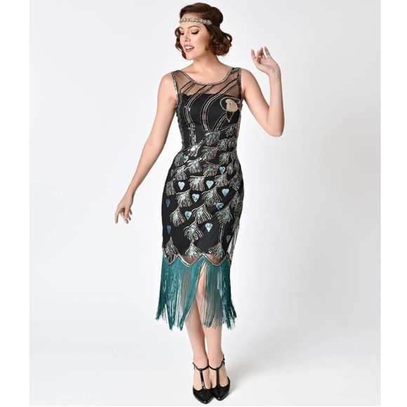 Peacock Sequin Fringed Party Flapper Dress - Picture 2 of 7